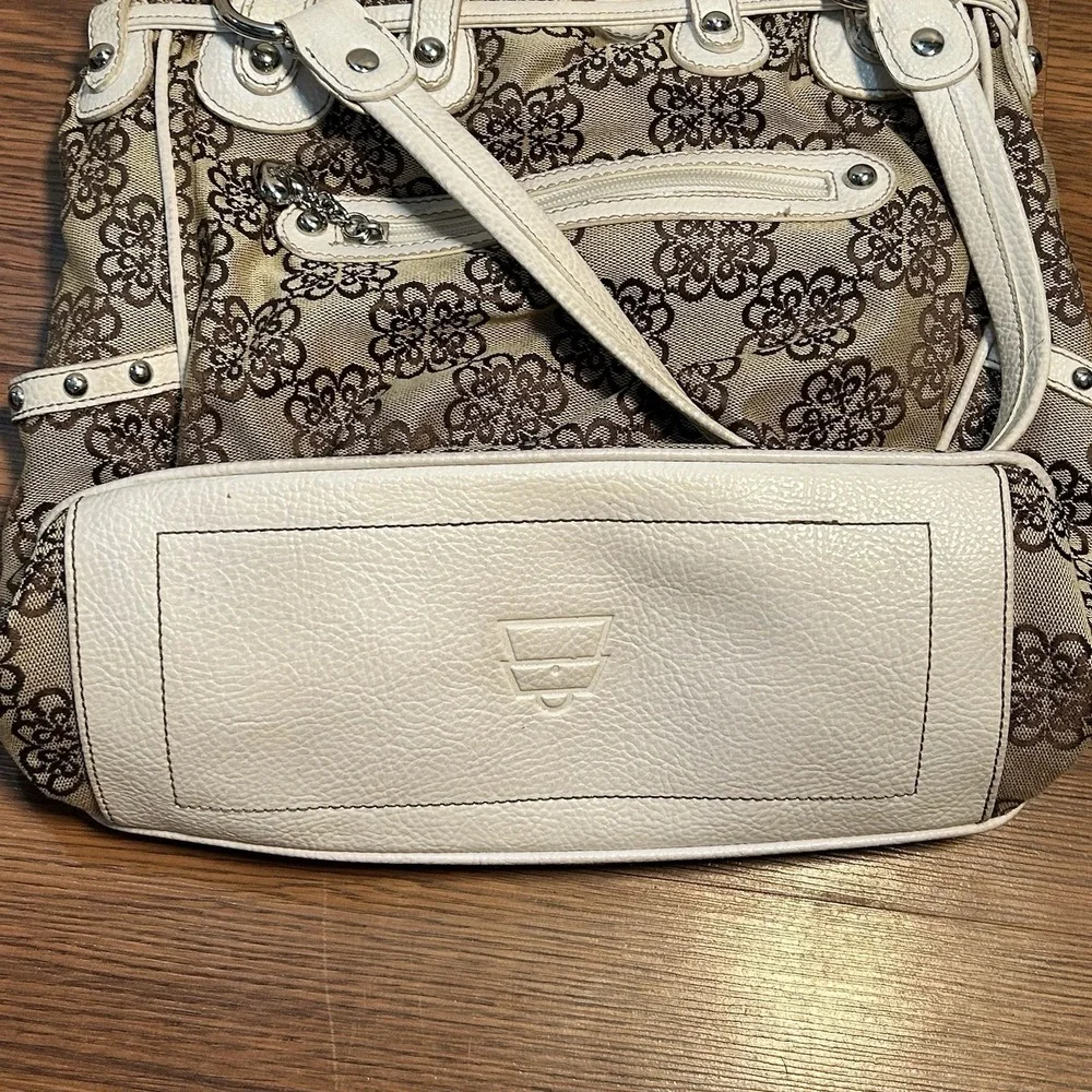 Kathy Van Zeeland Gold Metallic‎ Shopper Tan Floral Purse Handbag w/ Keychain